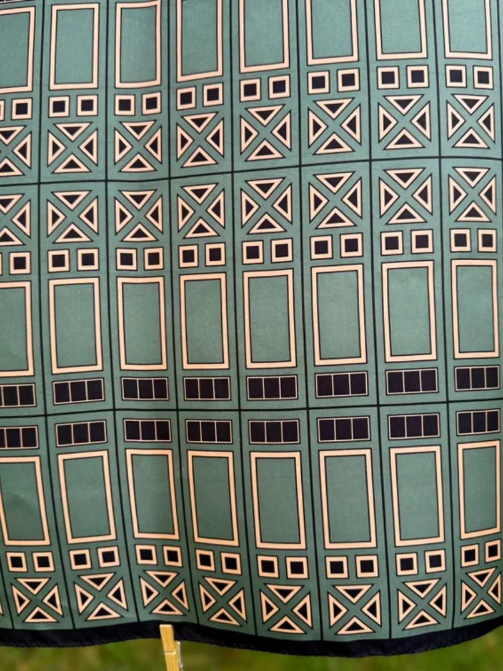 Vintage Silk Scarf 32 in Square Geometric Sage Green Beige Black Korea Excellent